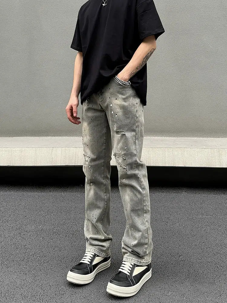 ペイントスプラッター ダメージ加工 グレー ストレートレッグジーンズ