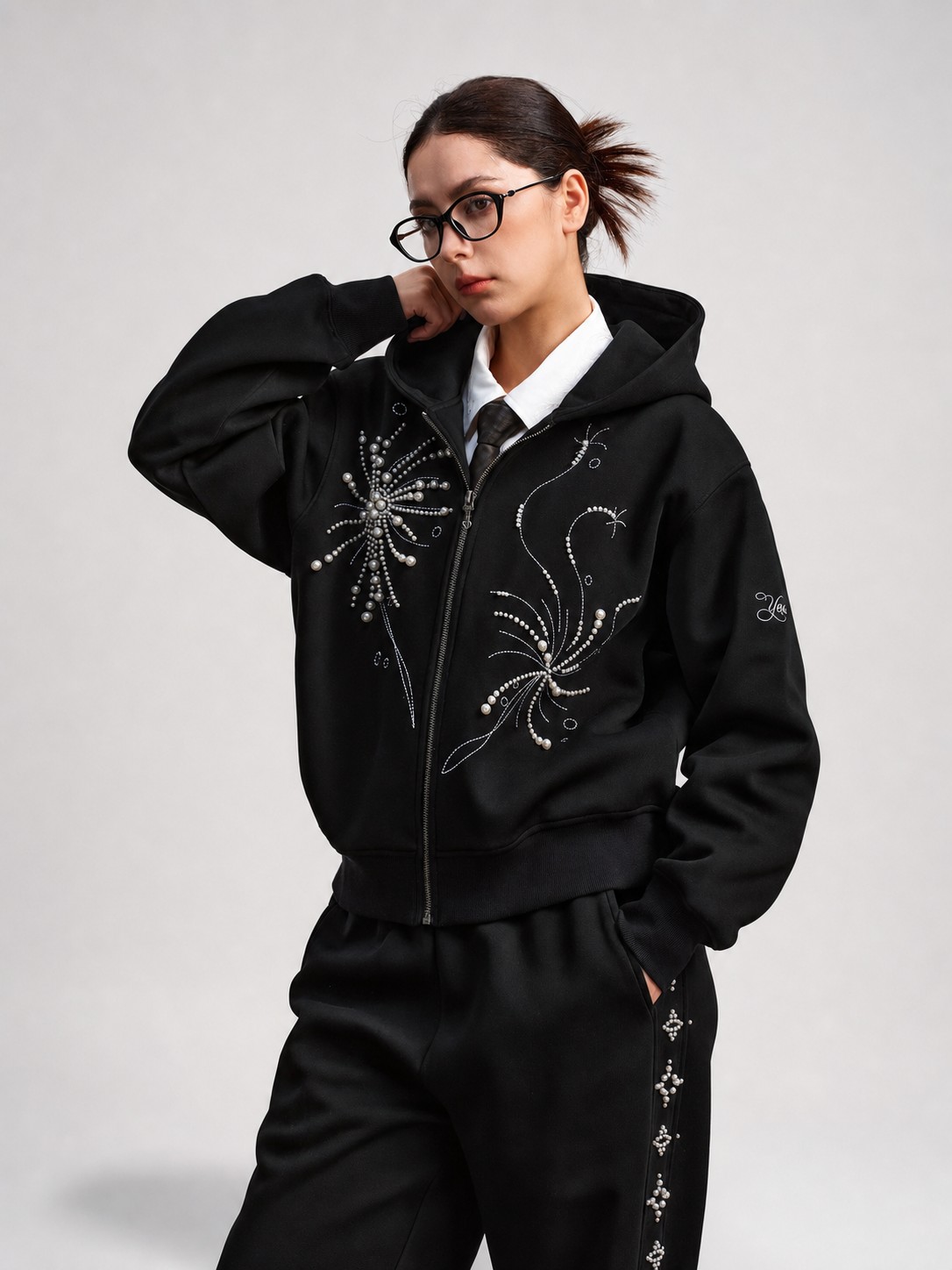 Pearl Embroidered Zip Hoodie | The Korean Fashion Pearl Embroidered Zip Hoodie | The Korean Fashion
