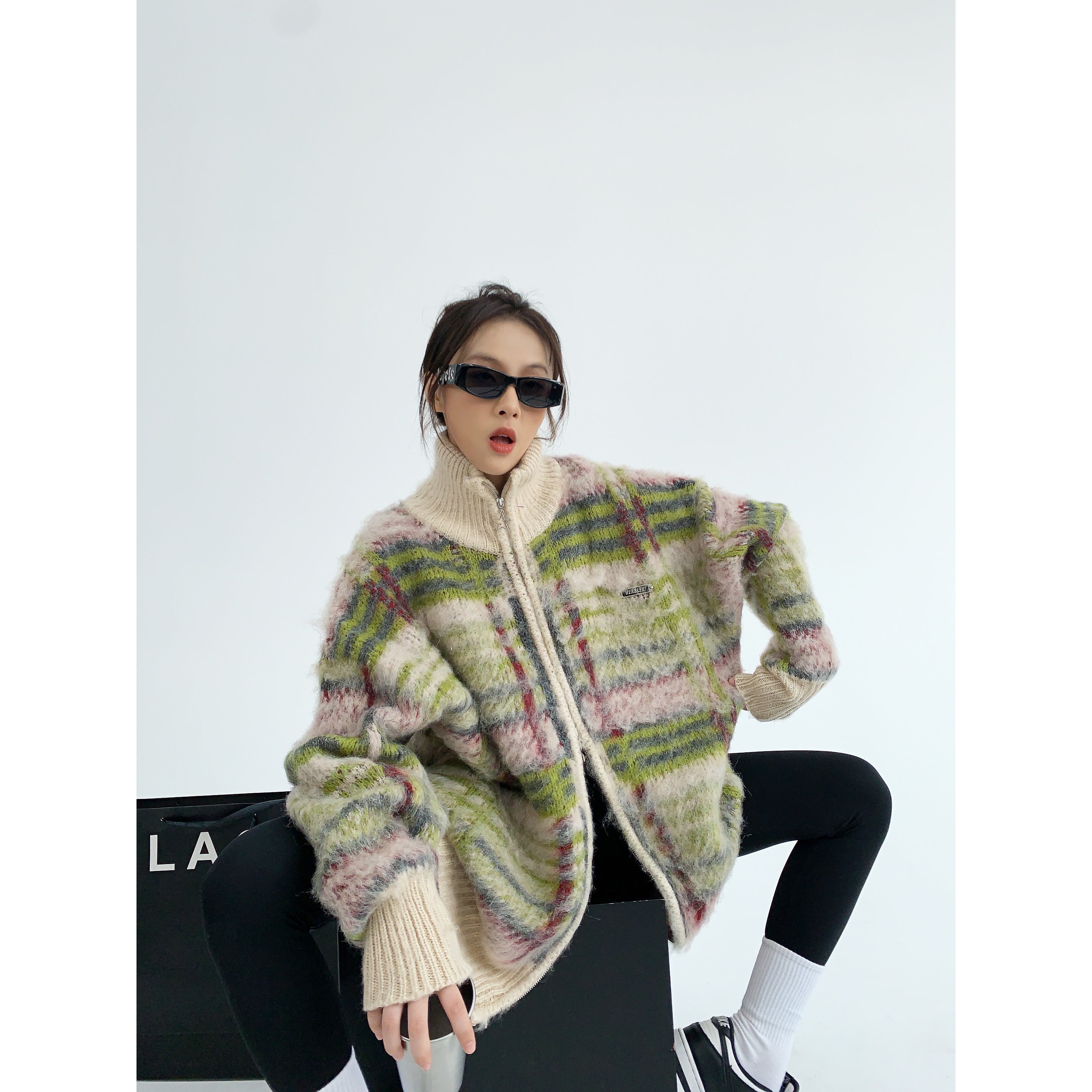 Plaid Zip-Up Knit Cardigan | The Korean Fashion