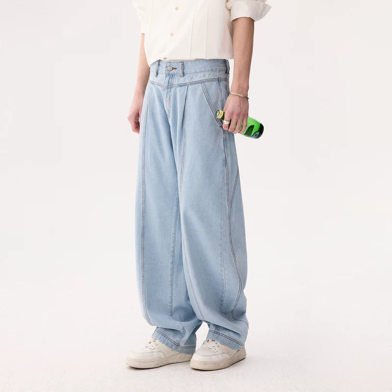 Pleated Wide-Leg Curved Denim Pants | The Korean Fashion