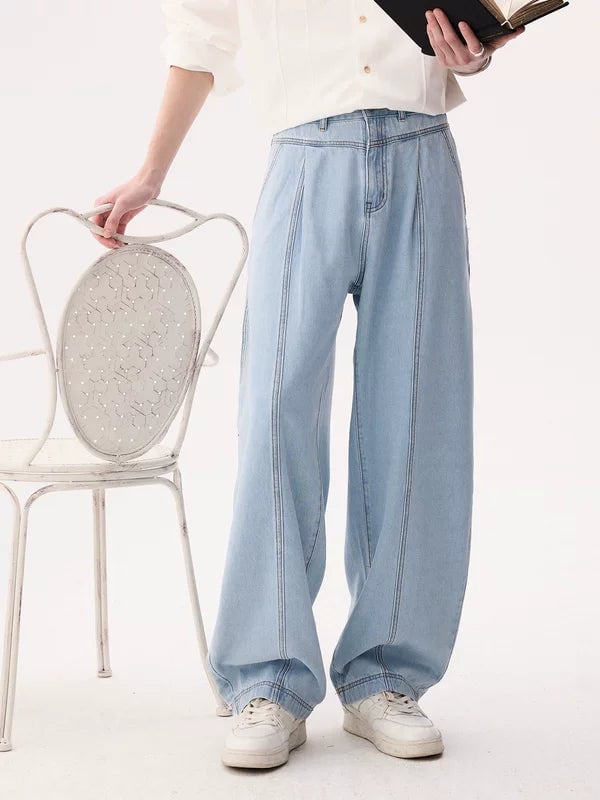 パンツ Pleated Wide-Leg Baggy Pants Pleated Wide-Leg Curved Denim Pants | The Korean Fashion