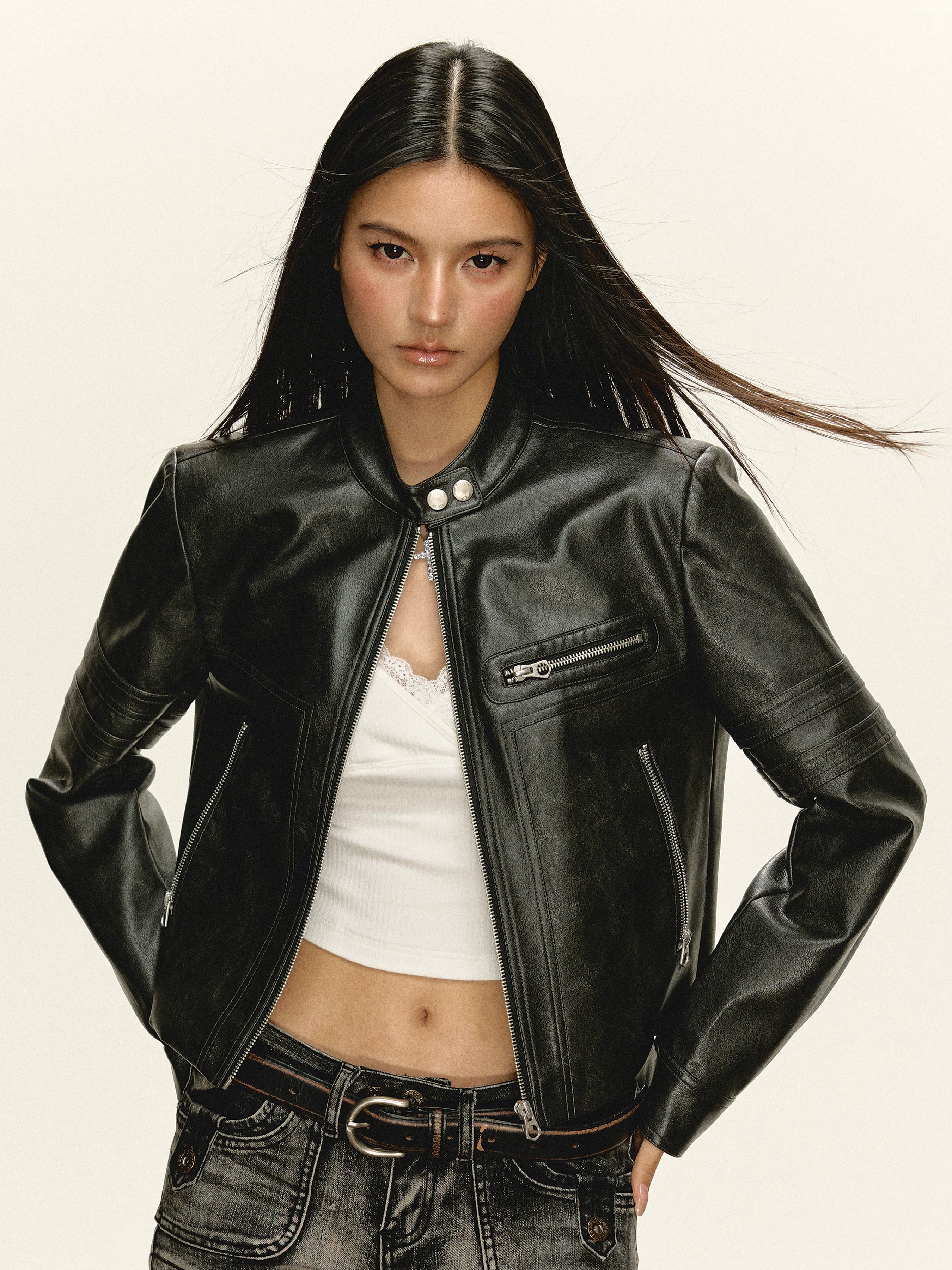Black PU Leather Short Zip-Up Moto Jacket | The Korean Fashion