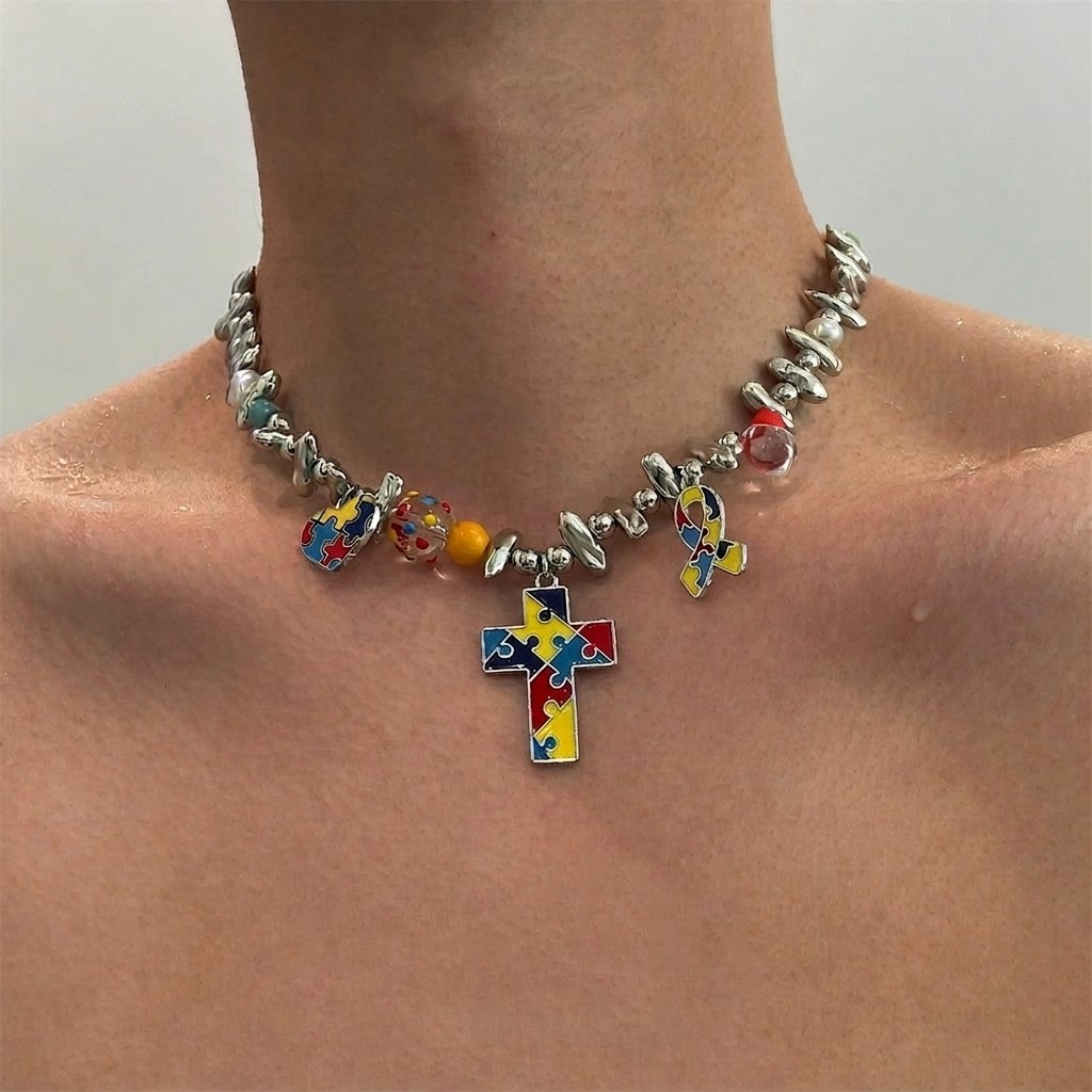 Puzzle Cross Pendant Beaded Chain Necklace | The Korean Fashion