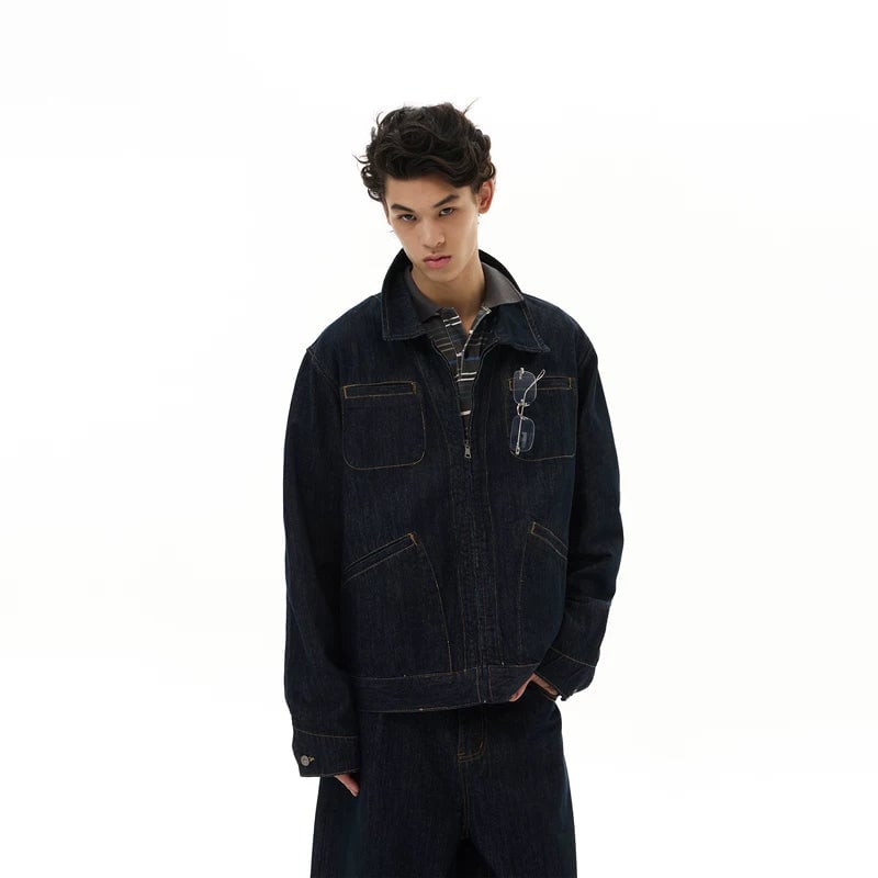 Relaxed Fit Raw Denim Zip Jacket | The Korean Fashion