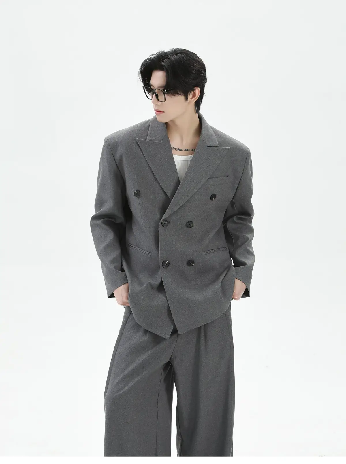 Double-Breasted Suit Jacket and Wide-Leg Pants