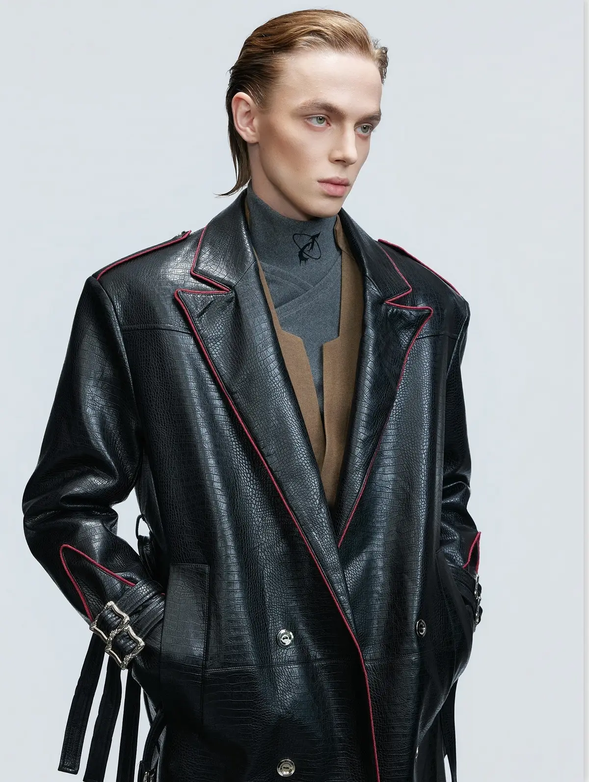 Deconstructed Crocodile-Texture Leather Coat | Korean Fashion
