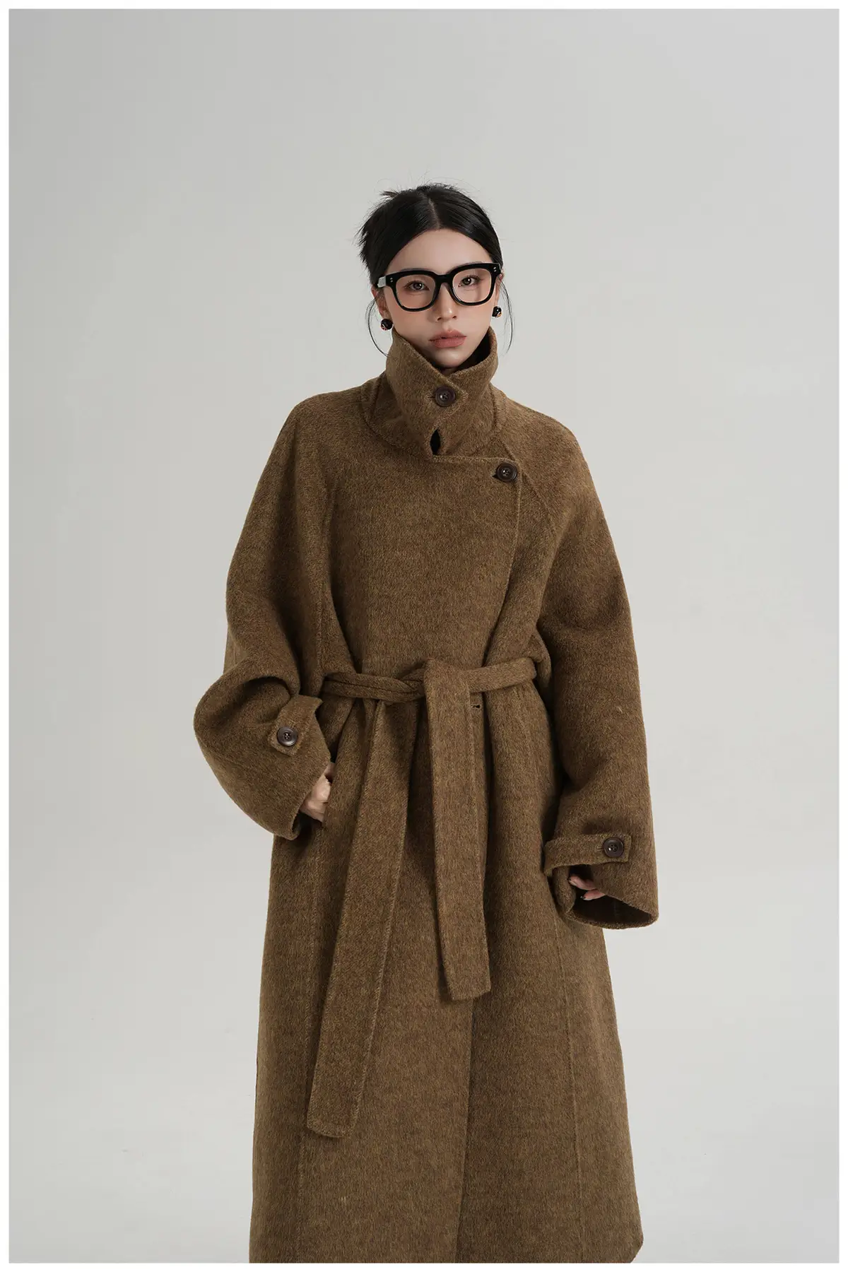 Belted Stand Collar Long Wool Coat | The Korean Fashion