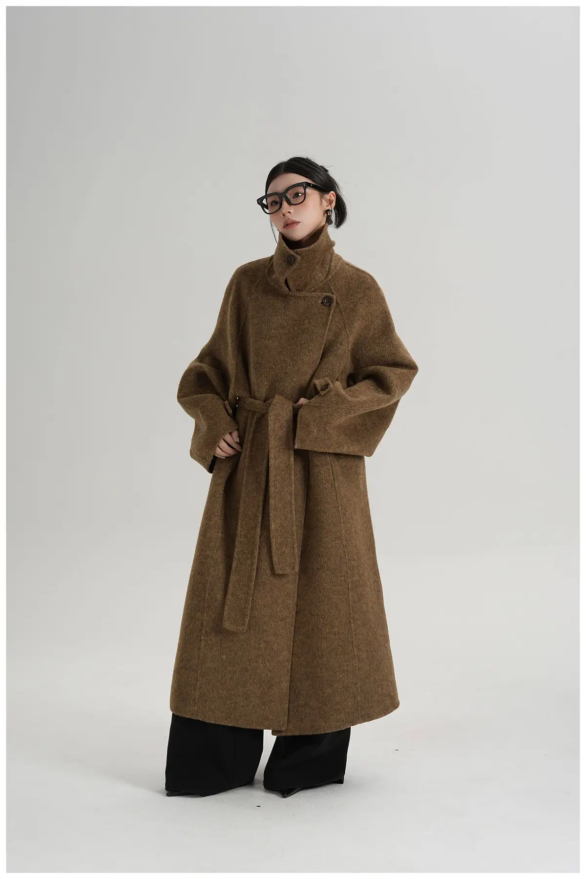 Belted Stand Collar Long Wool Coat | The Korean Fashion