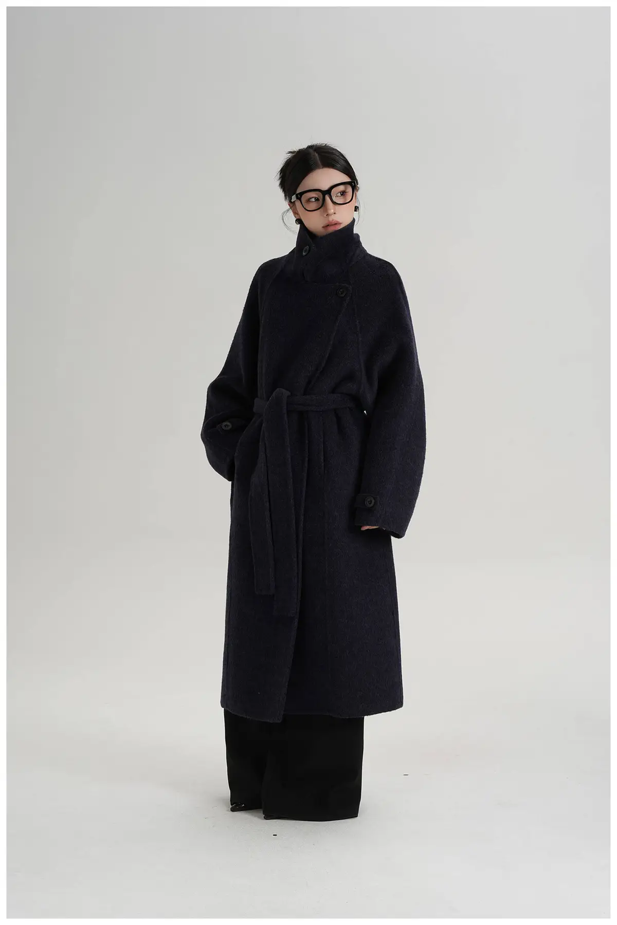 Belted Stand Collar Long Wool Coat | The Korean Fashion
