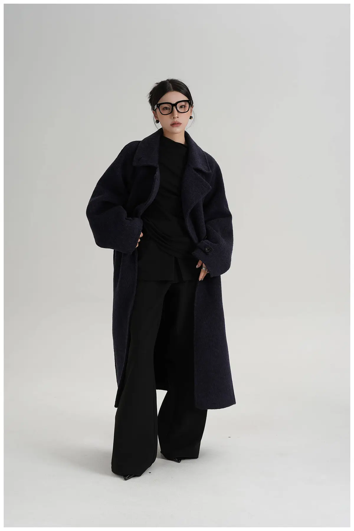 Belted Stand Collar Long Wool Coat | The Korean Fashion