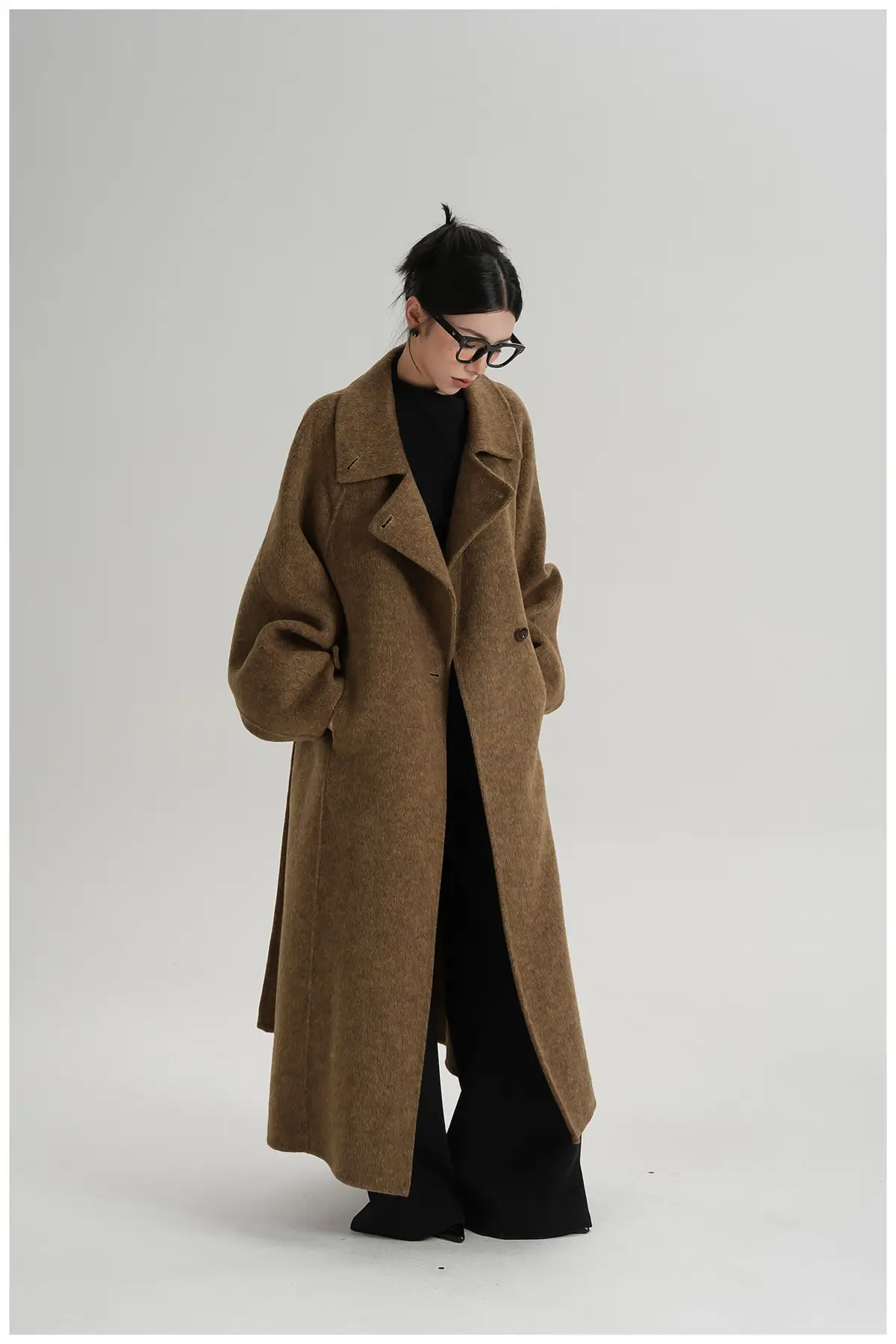 Belted Stand Collar Long Wool Coat | The Korean Fashion