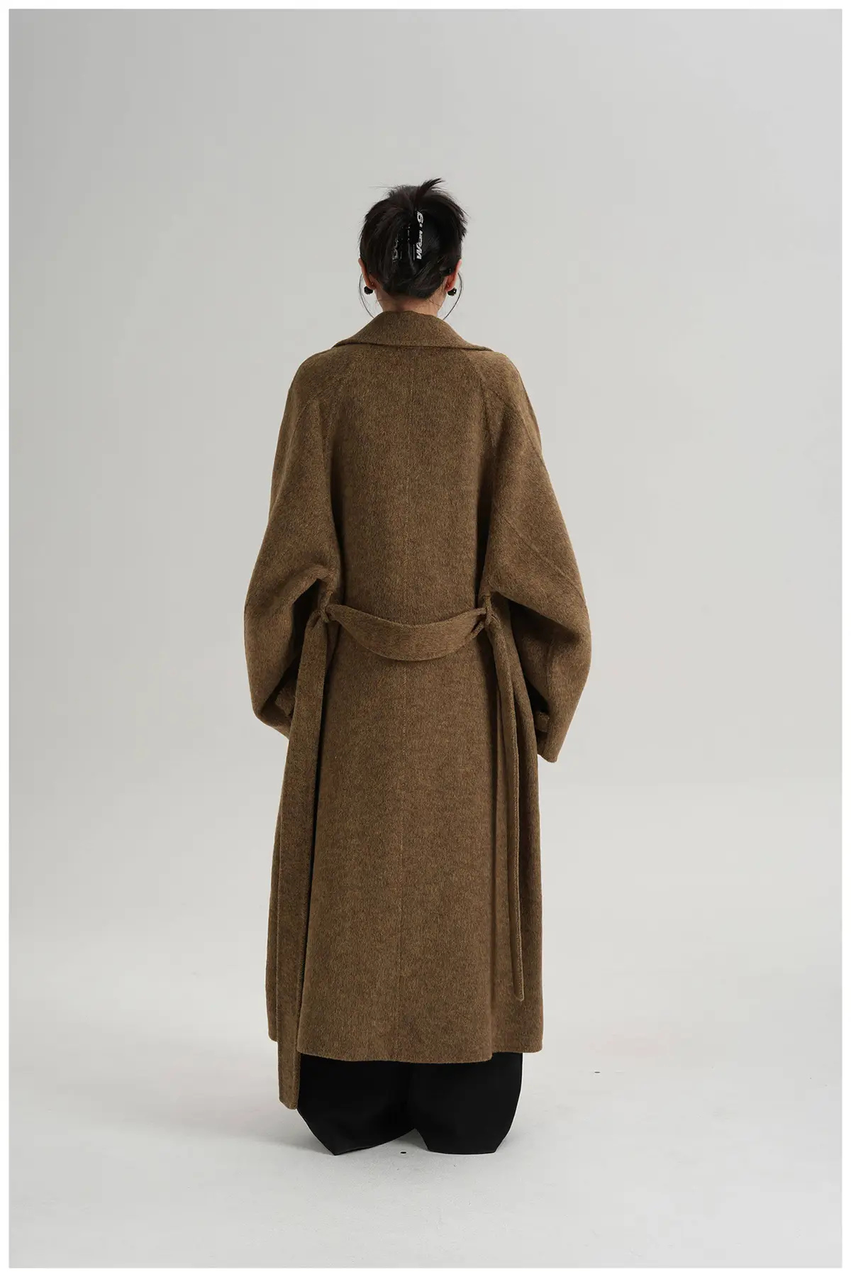 Belted Stand Collar Long Wool Coat | The Korean Fashion
