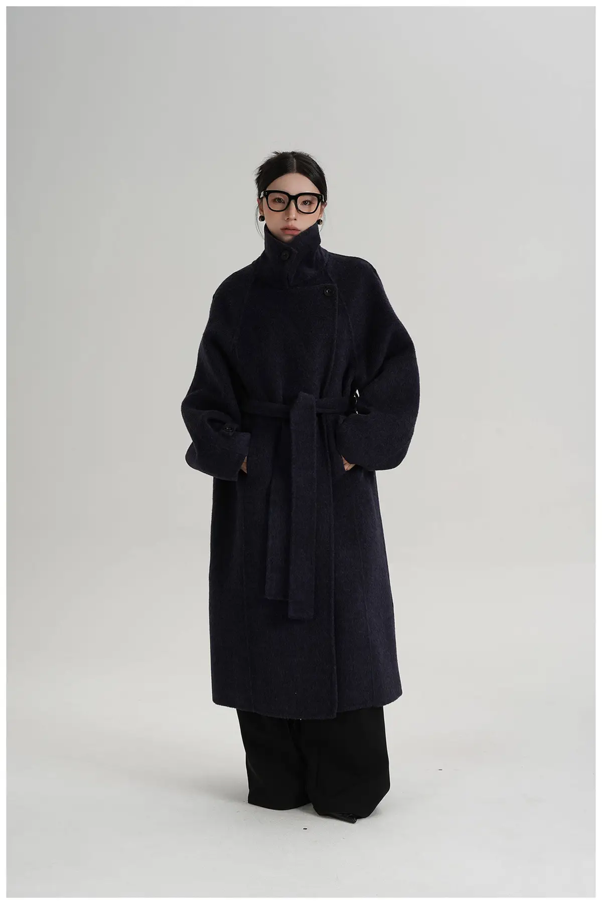 Belted Stand Collar Long Wool Coat | The Korean Fashion