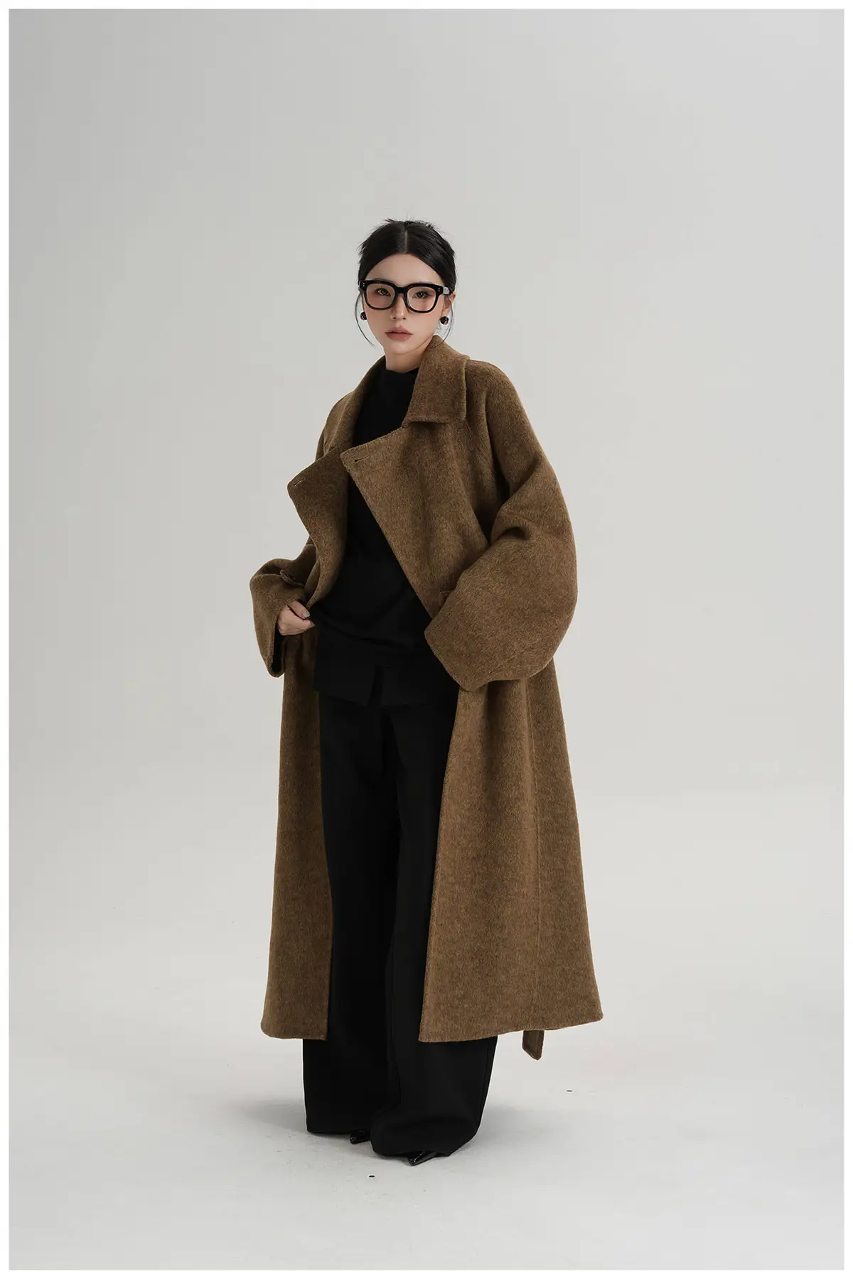 Belted Stand Collar Long Wool Coat | The Korean Fashion