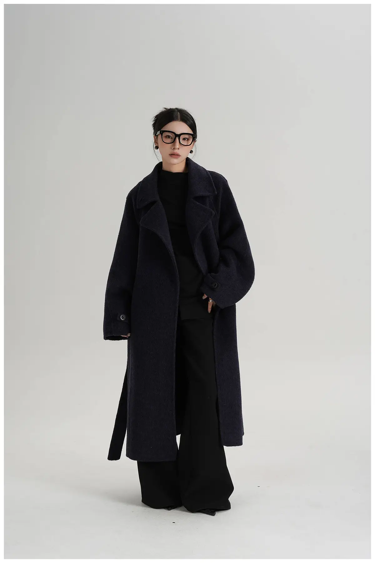 Belted Stand Collar Long Wool Coat | The Korean Fashion