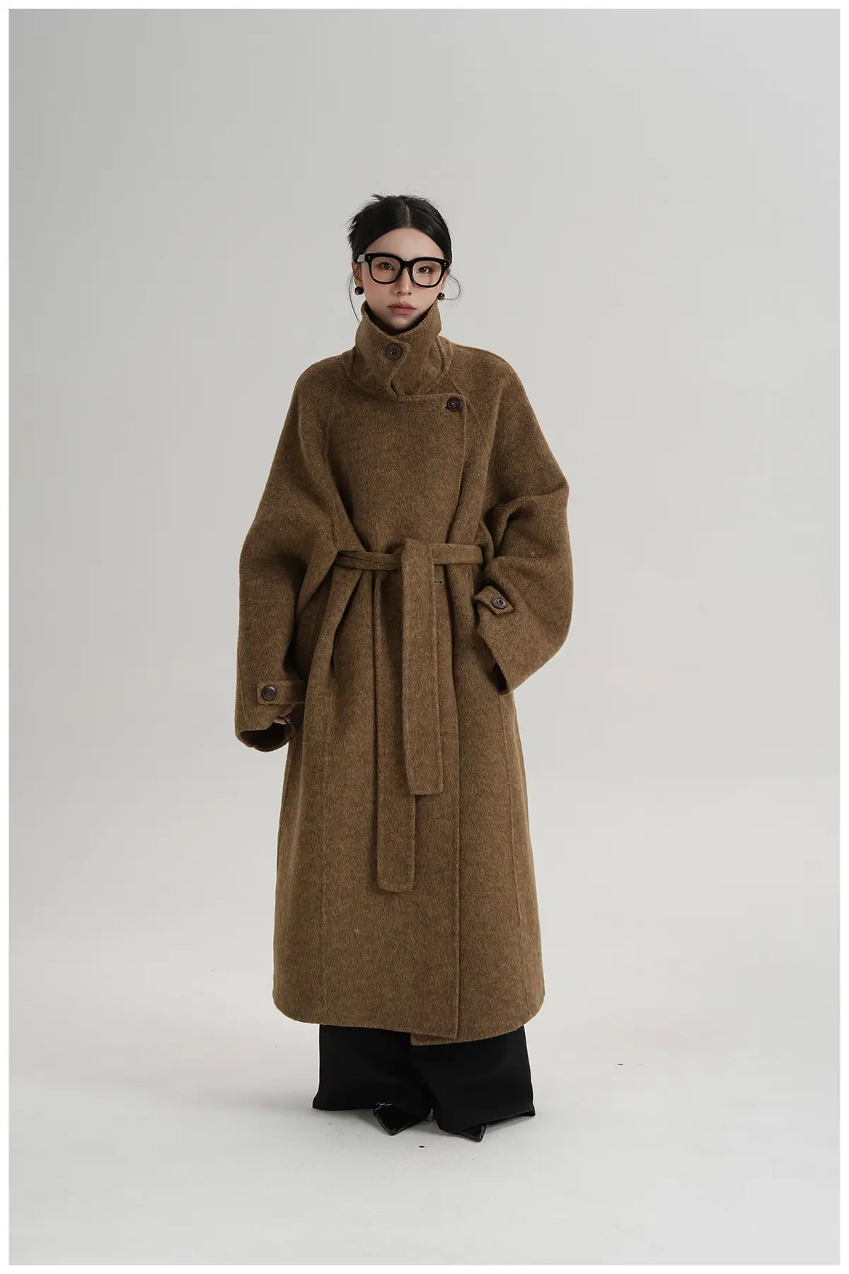 Long coat スタンドカラー ベルト付きロングコート ノーカラーコート