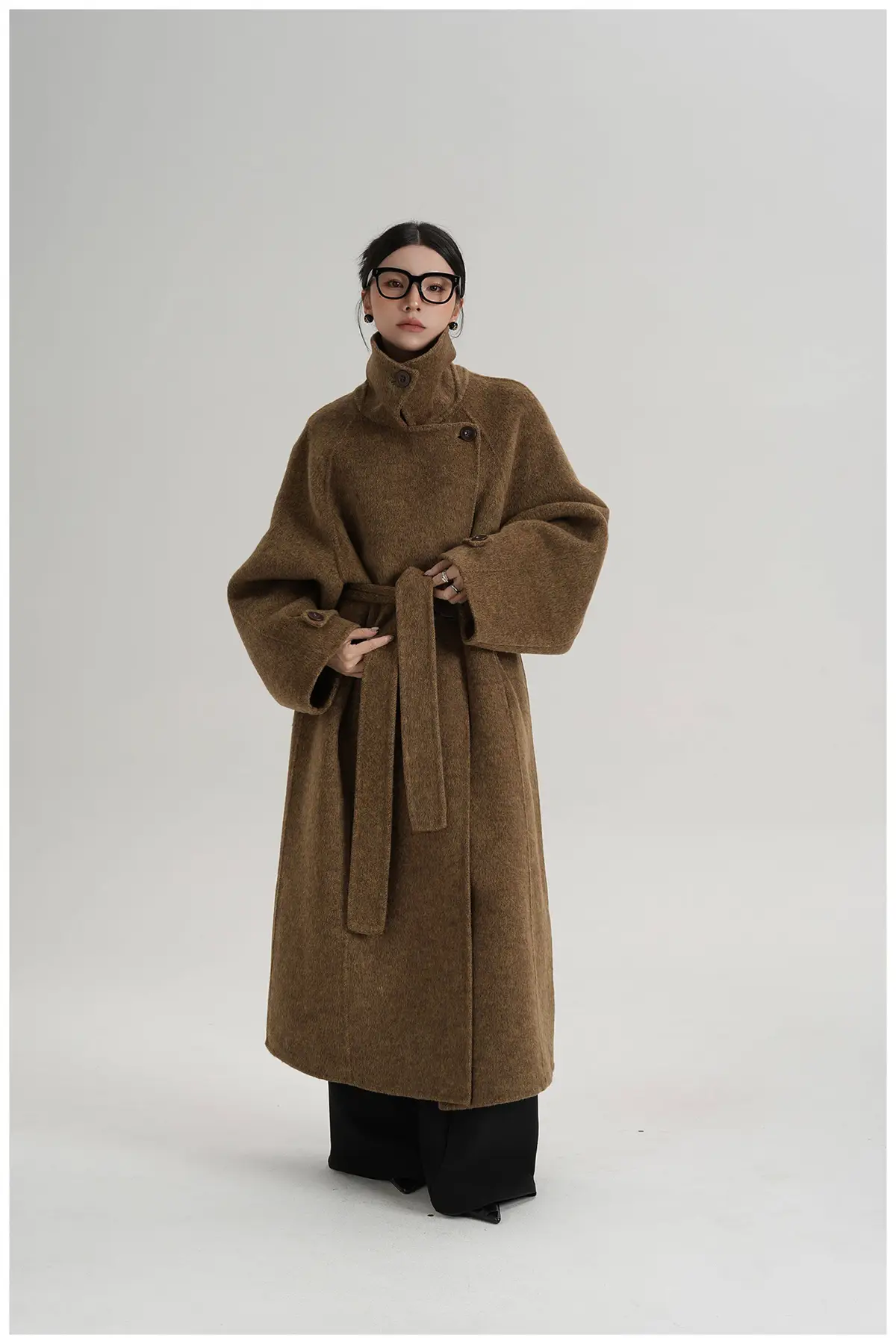 Belted Stand Collar Long Wool Coat | The Korean Fashion