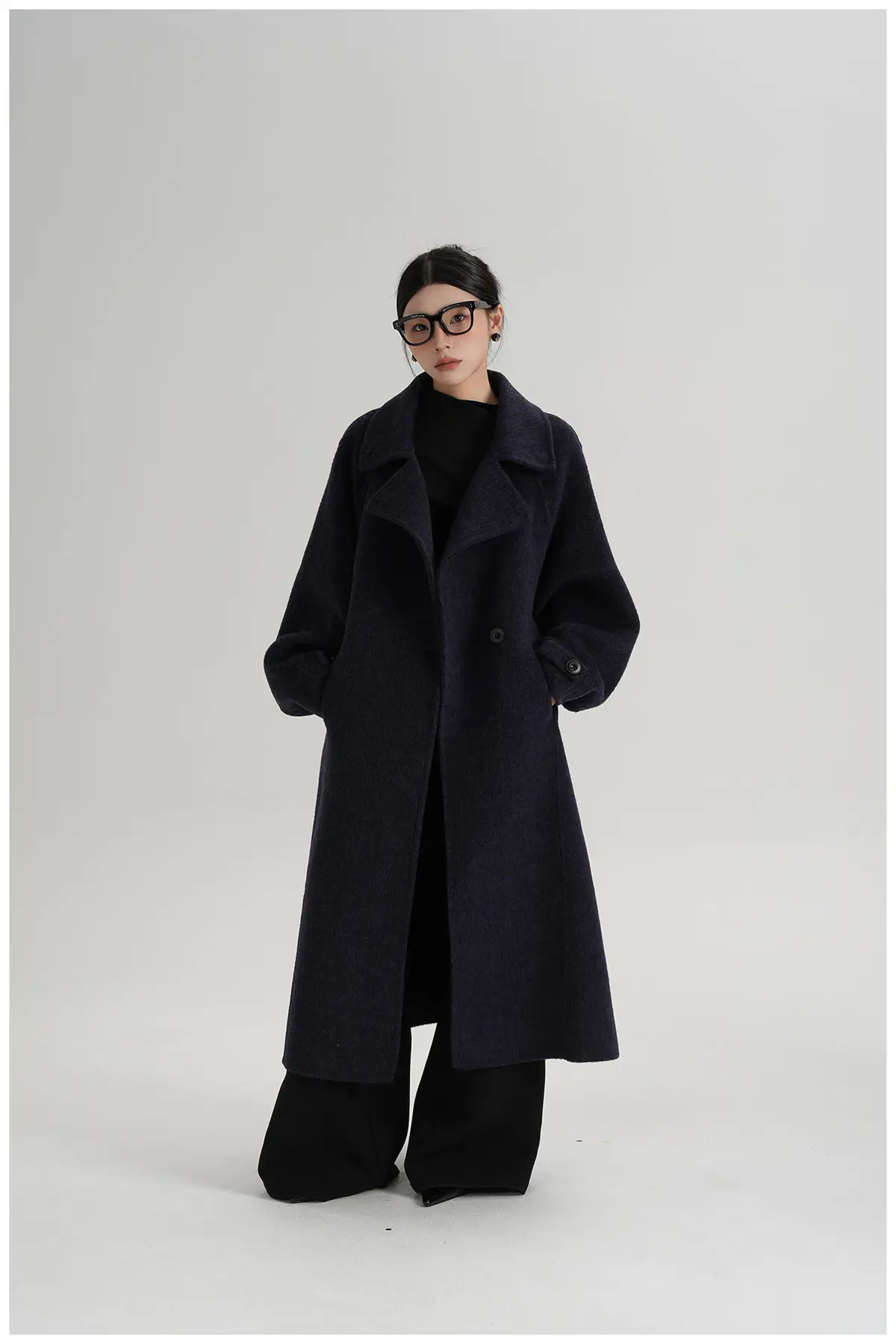 Belted Stand Collar Long Wool Coat | The Korean Fashion
