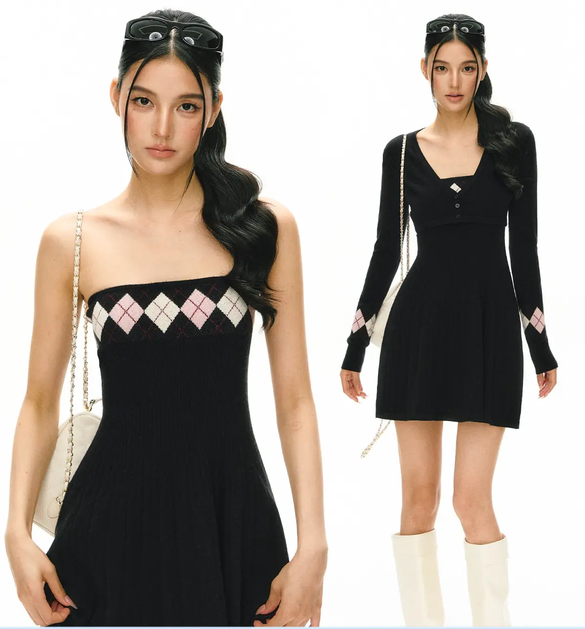 knit dress korean set Argyle Mini — Black-pink Dress / XS LowStock:43566605238323
