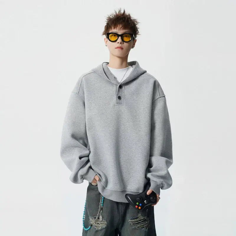 Button Neck Hooded Sweatshirt | Korean Streetwear Style