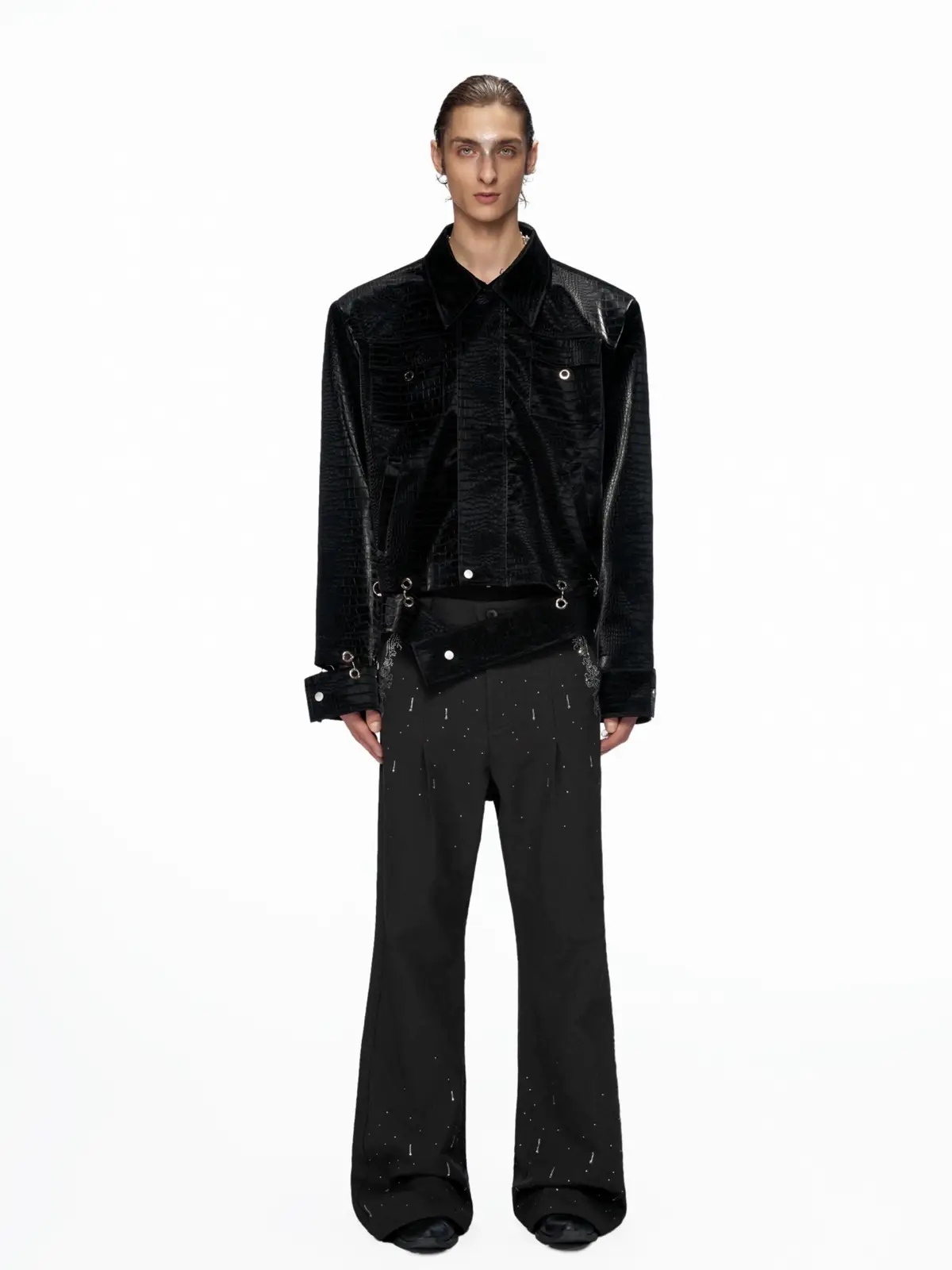 ディーゼル コーデュロイ ナポレオンジャケット 総柄 レザー切替 ブラック М Black Crocodile-Print PU Leather Jacket | The Korean Fashion