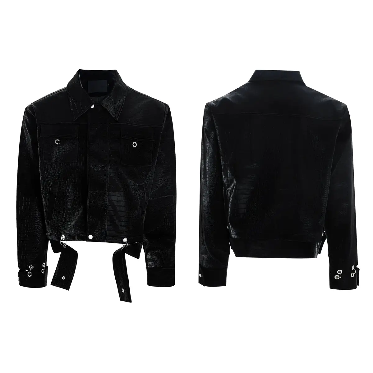Black Crocodile-Print PU Leather Jacket | The Korean Fashion