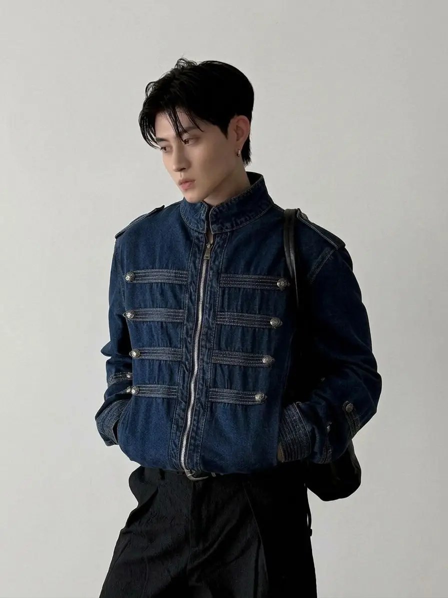 Denim Napoleon Jacket with Metal Buttons | The Korean Fashion