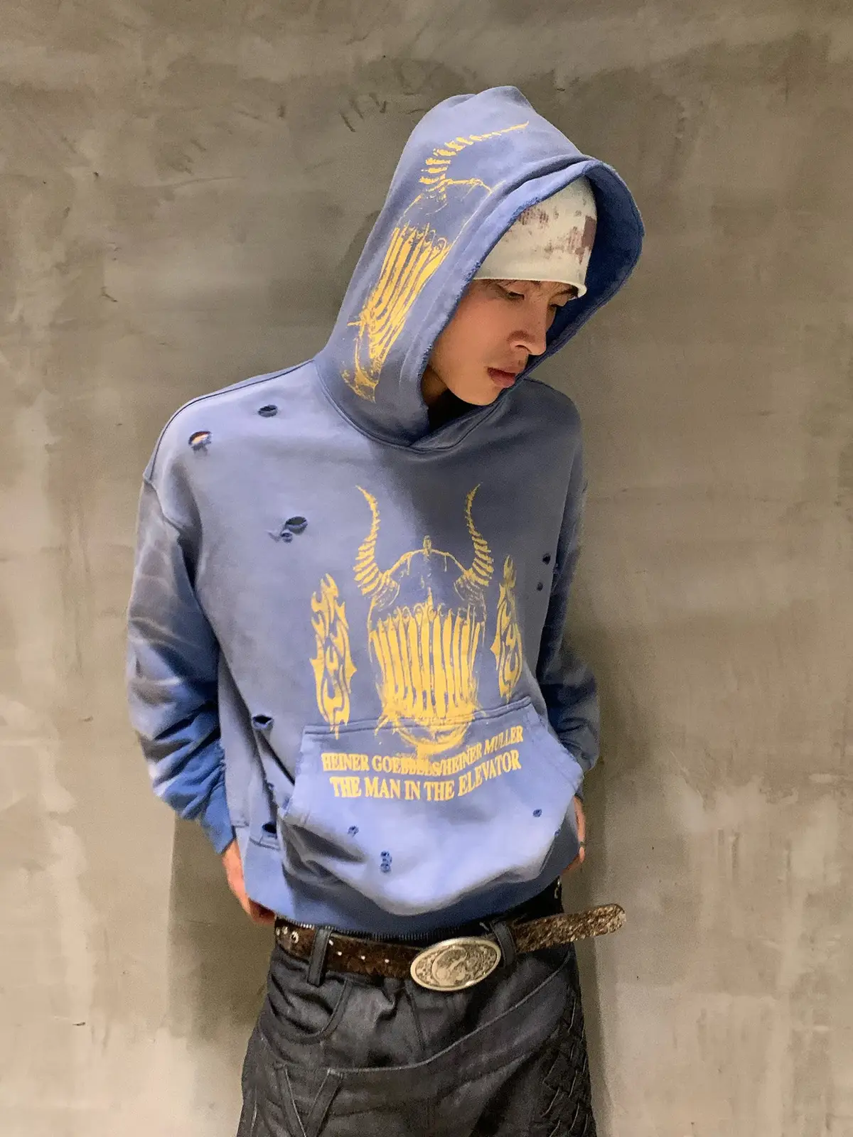 Distressed Graphic Drop Shoulder Hoodie | Korean Fashion