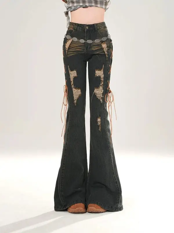 Distressed Lace-Up Flare Denim Pants | The Korean Fashion