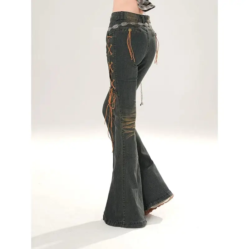 Distressed Lace-Up Flare Denim Pants | The Korean Fashion