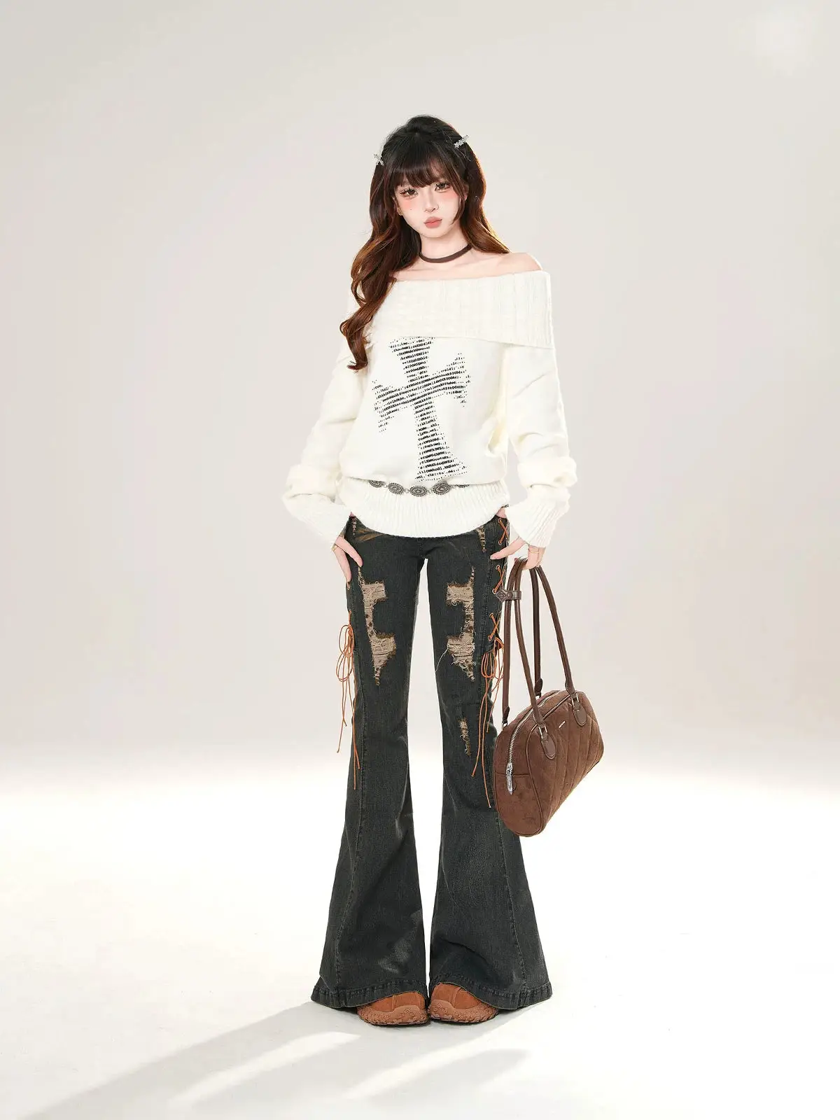 Distressed Lace-Up Flare Denim Pants | The Korean Fashion