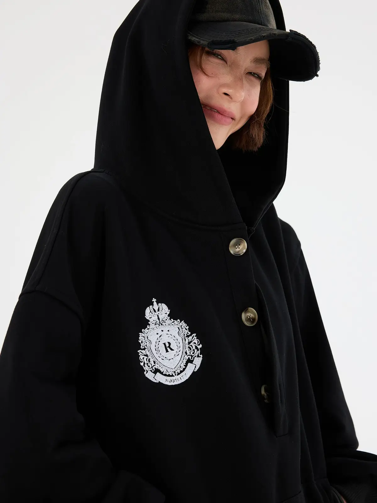 Embroidered Button Half-Zip Hoodie | The Korean Fashion