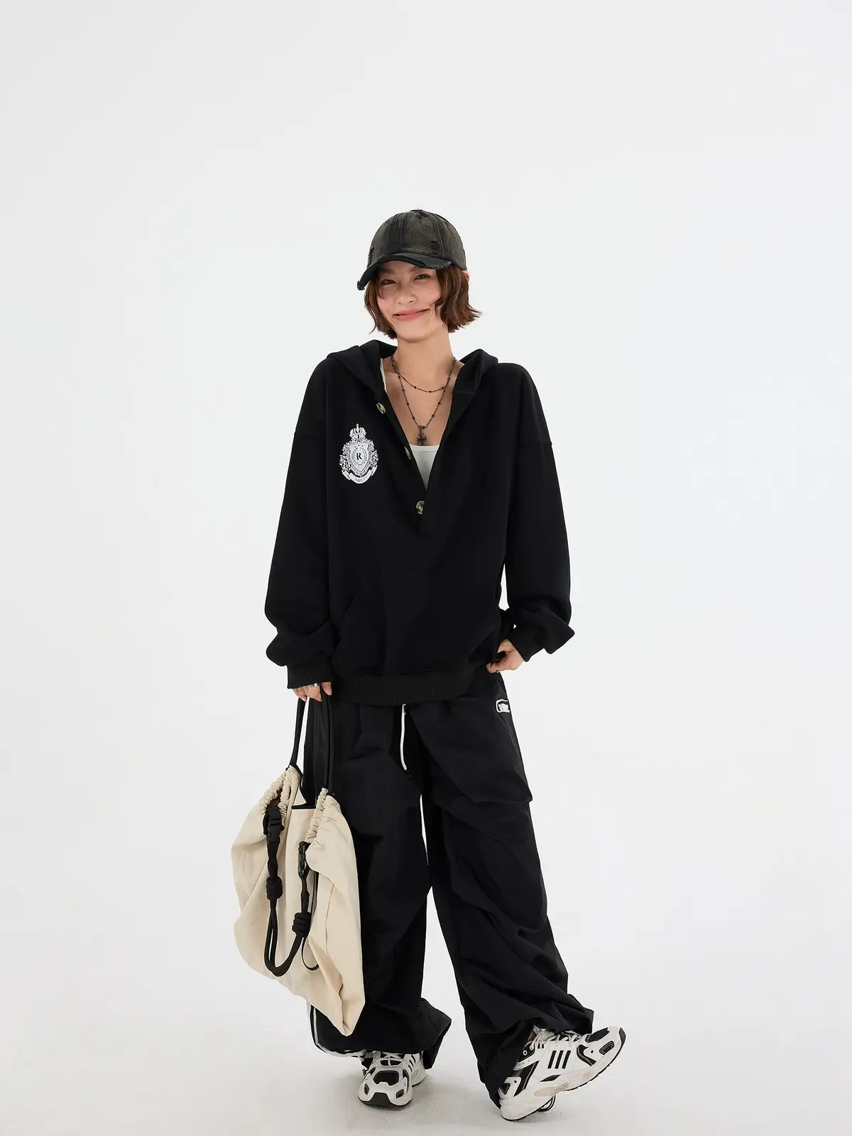 Embroidered Button Half-Zip Hoodie | The Korean Fashion