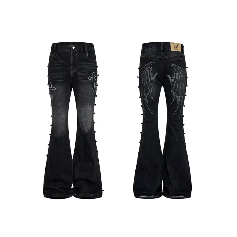 Embroidered Cross Patchwork Straight Leg Jeans | The Korean Fashion
