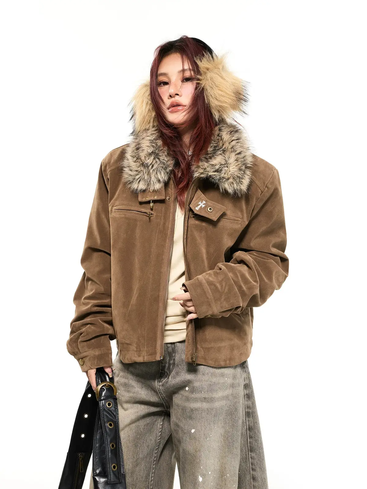 フェイクファーカラー スエードジップジャケット | The Korean Fashion