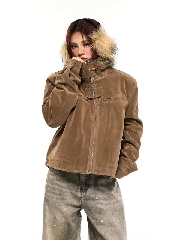 フェイクファーカラー スエードジップジャケット | The Korean Fashion