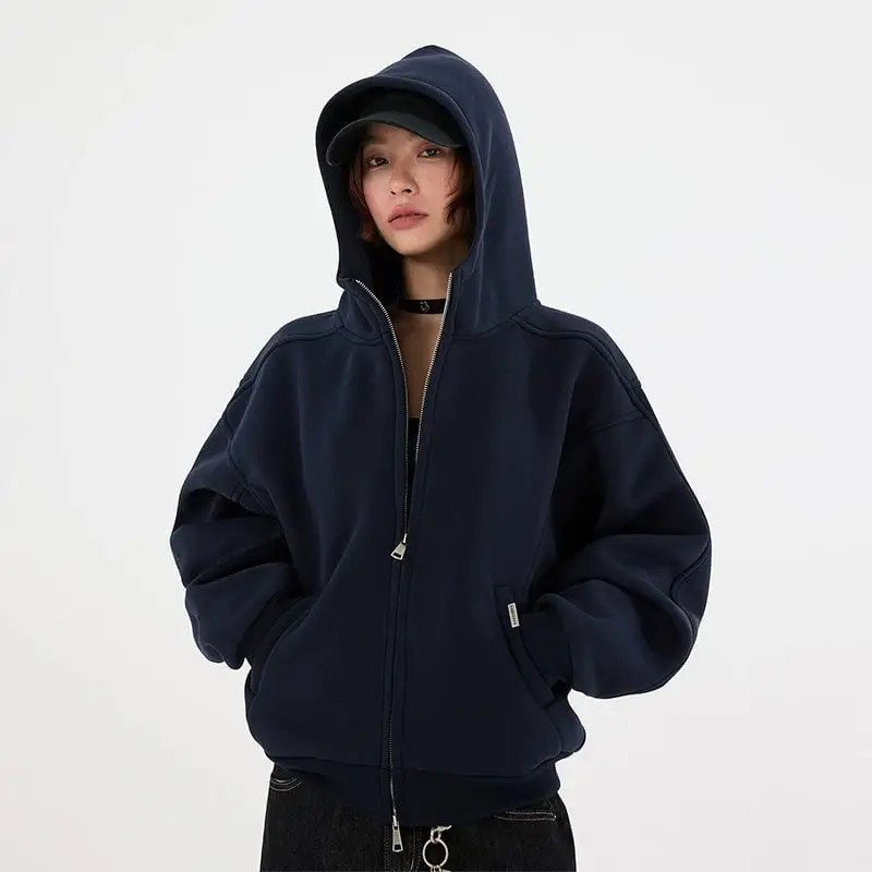 High Collar Zip Up Hooded Sweatshirt | The Korean Fashion
