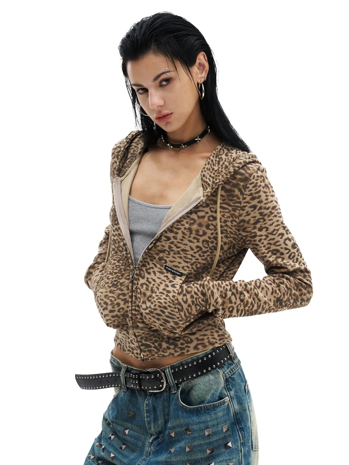 Leopard Print Cropped Zip Hoodie | The Korean Fashion