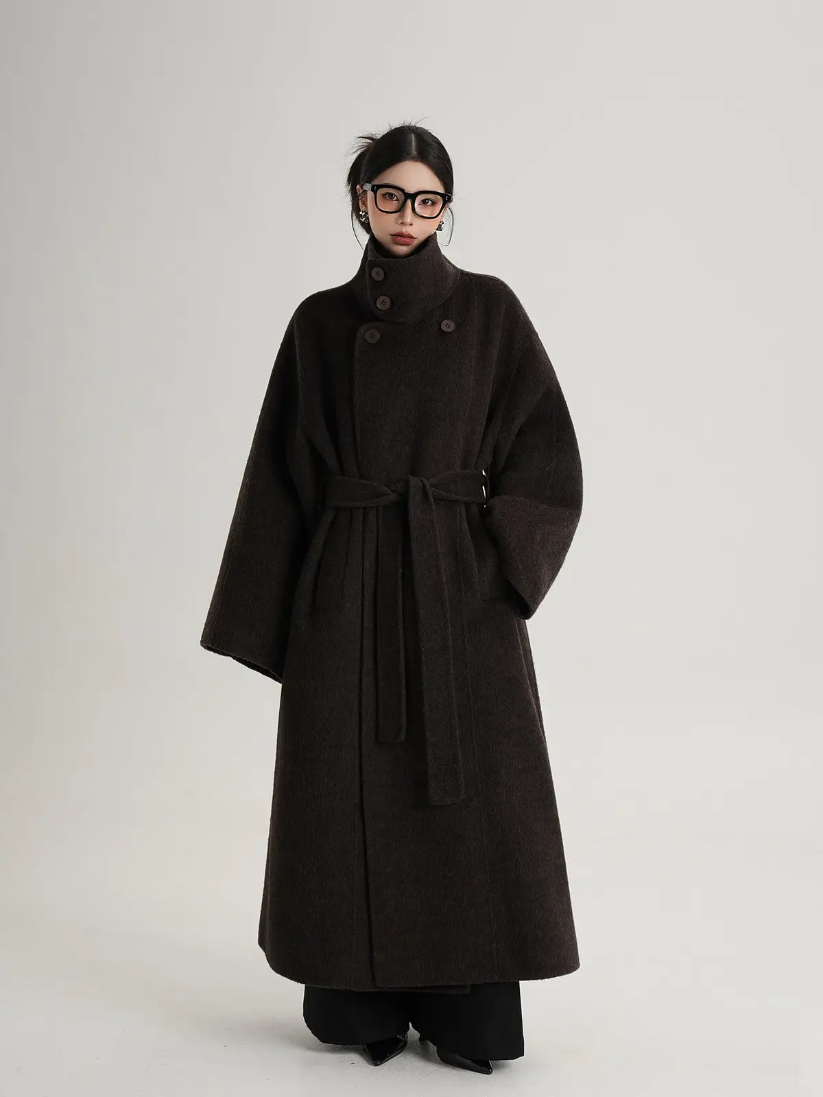 Oversized Stand Collar Belted Wool Coat