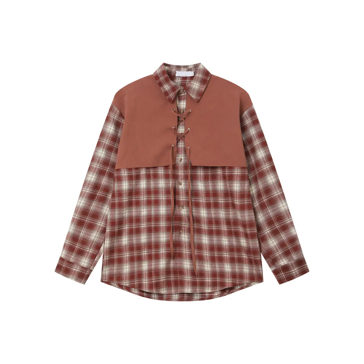 Patchwork Check Shirt with Lace-Up Detail | The Korean Fashion