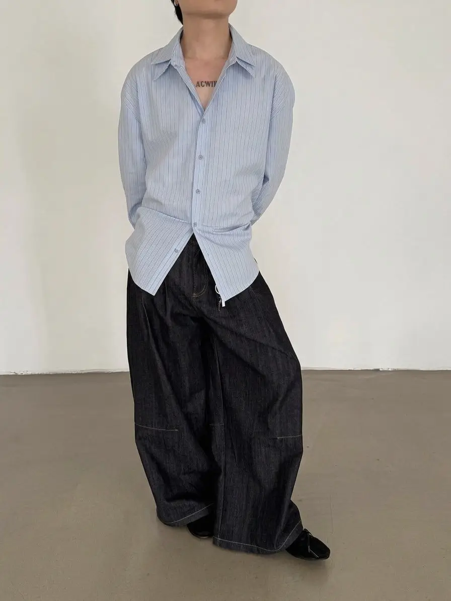 Pleated Baggy Denim Wide Leg Pants | The Korean Fashion
