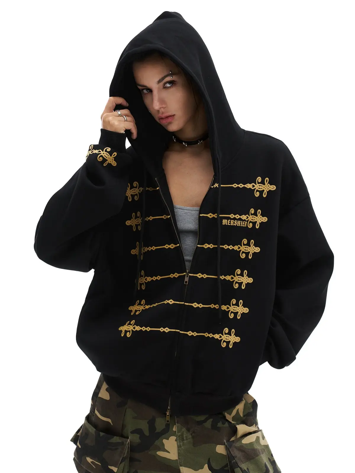 Oversized Zip-Up Hoodie Jacket with Embroidered Crest
