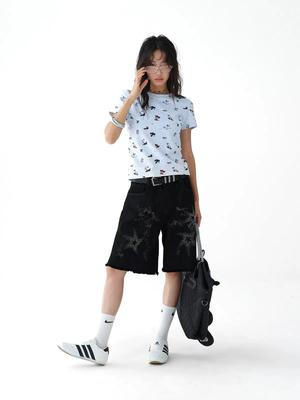 Retro Star Studded Black Denim Loose Pants