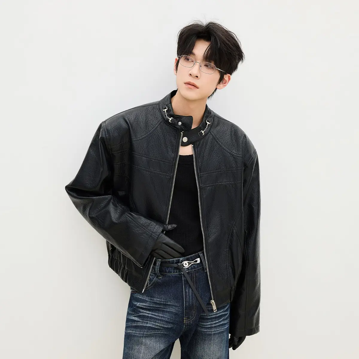 Relaxed Fit Faux Leather Bomber Jacket | The Korean Fashion