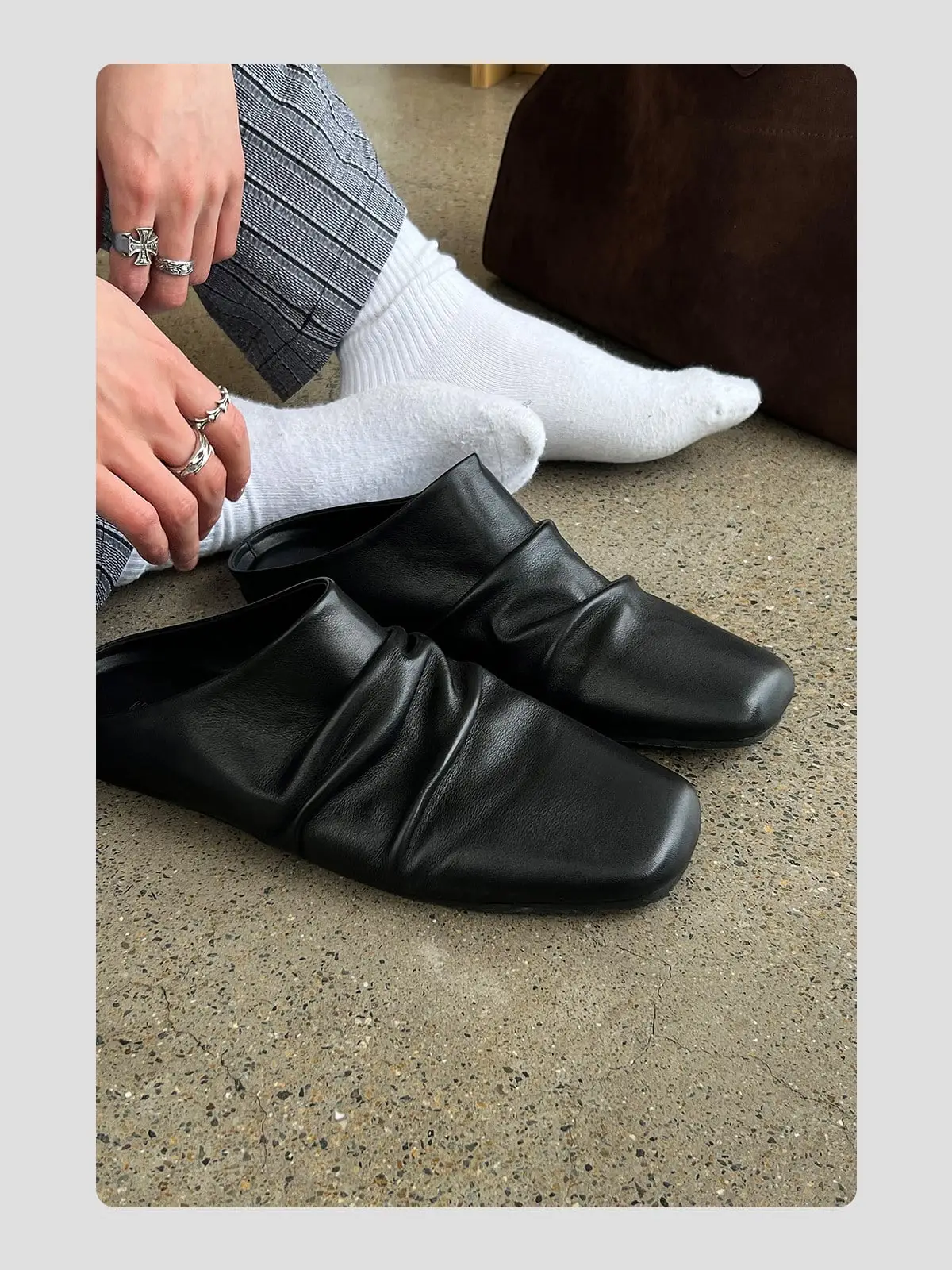Wrinkled Cowhide Square Toe Closed Mules | The Korean