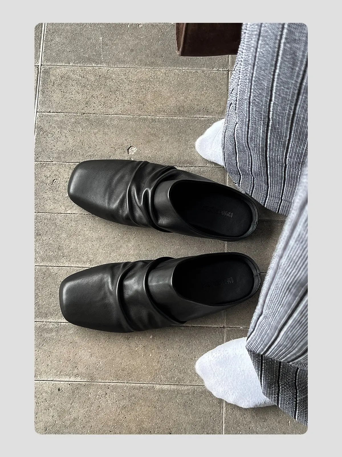 Wrinkled Cowhide Square Toe Closed Mules | The Korean