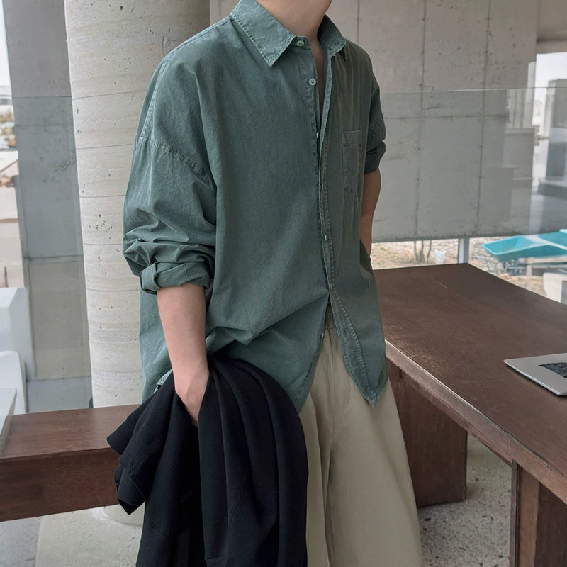 Retro Distressed Washed Long-Sleeve Shirt | The Korean Fashion