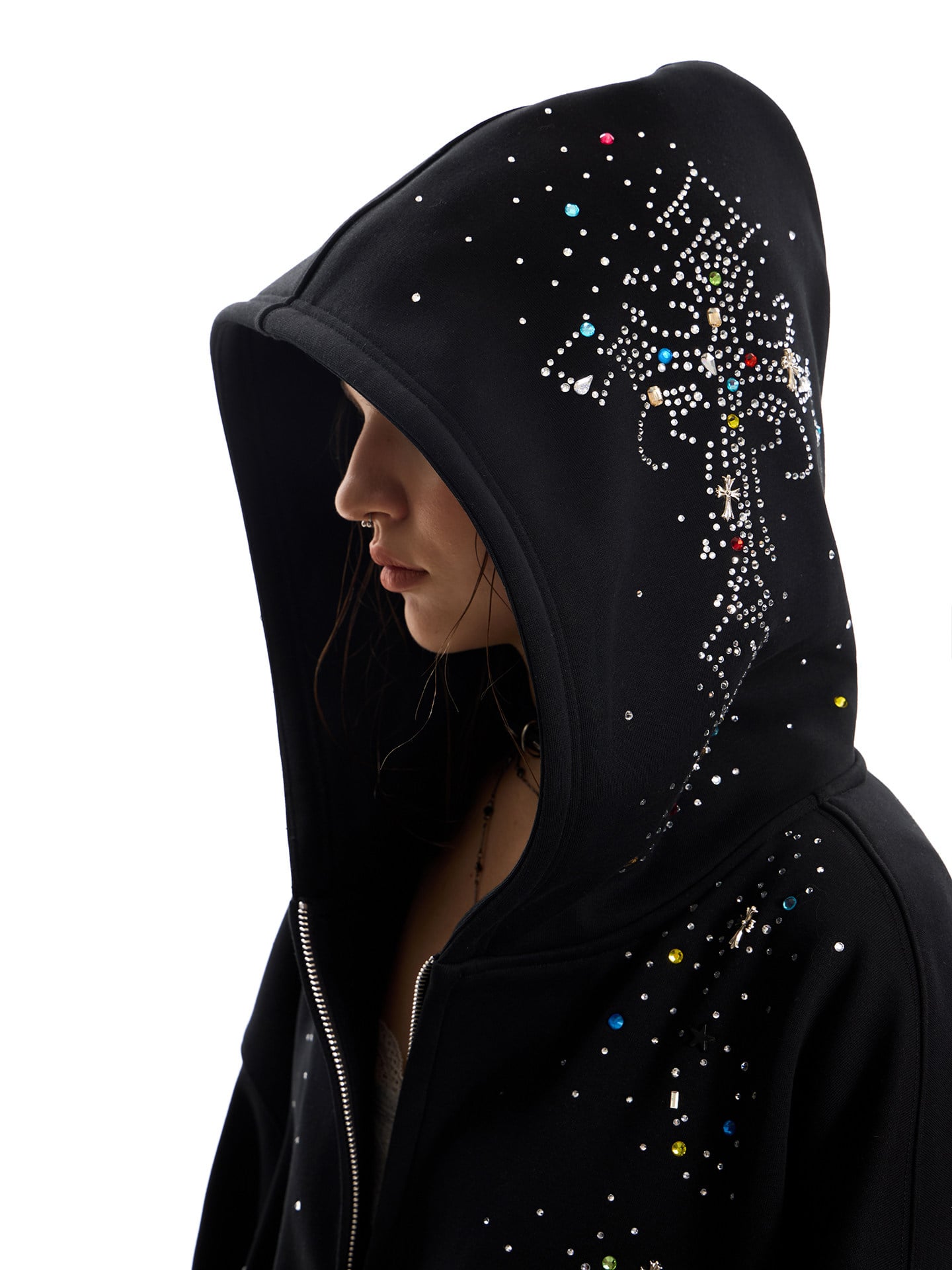 Rhinestone Cross Oversized Zip-Up Hoodie | The Korean Fashion