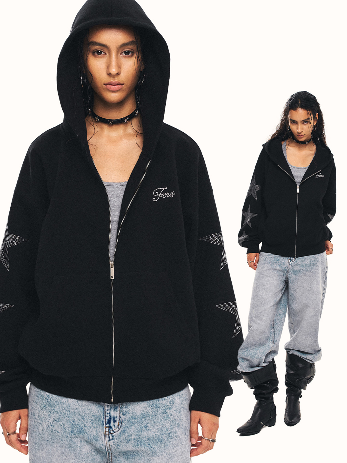 Rhinestone Star Zip Up Hoodie Jacket
