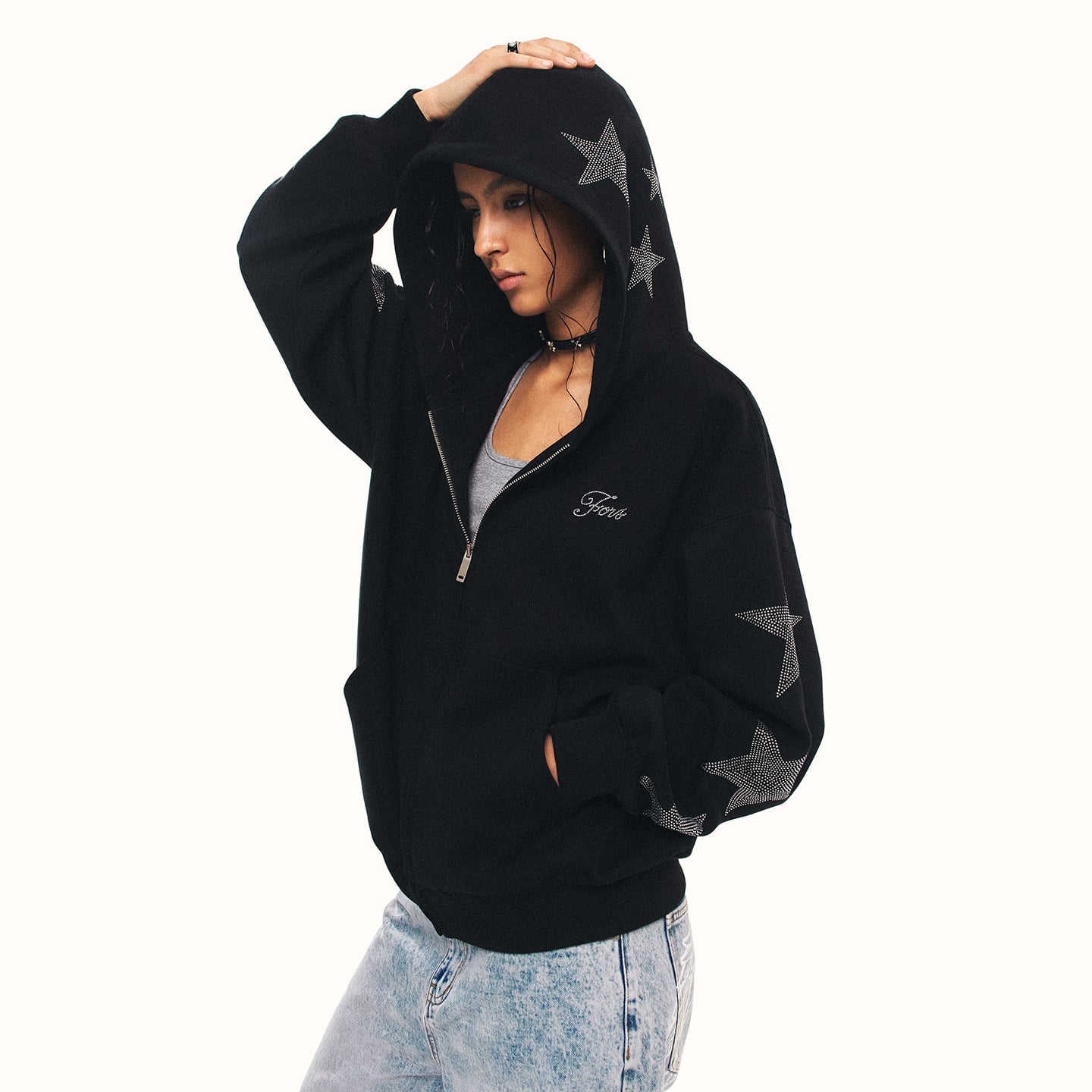 トップス MIDAS Black Stars Rhinestone Fur Hoodie Rhinestone Star Zip Up Hoodie Jacket